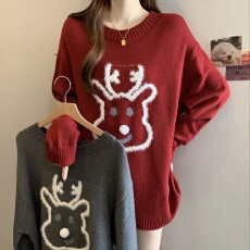 批发实拍大码女装圣诞新年红色卡通小鹿<b class='q'>毛衣</b>胖妹妹遮肚休闲针织上衣