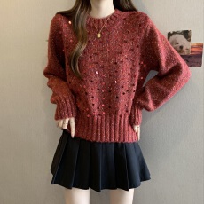 批发实拍大码韩版圣诞新年红色亮片套头<b class='q'>毛衣</b>胖妹妹遮肚洋气针织上衣