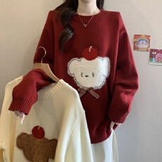 批发实拍大码新年圣诞红色卡通小熊蝴蝶结<b class='q'>毛衣</b>胖妹妹遮肚洋气针织上衣