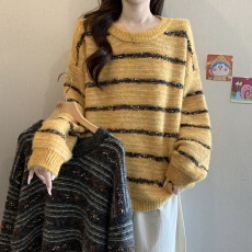 批发实拍大码女装韩版彩点条纹撞色休闲<b class='q'>毛衣</b>胖妹妹遮肚洋气针织上衣