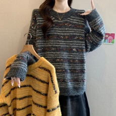 批发实拍大码女装韩版彩点条纹撞色休闲<b class='q'>毛衣</b>胖妹妹遮肚洋气针织上衣