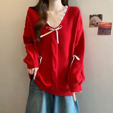 批发实拍大码女装红色法式V领蕾丝蝴蝶结毛衣胖妹妹遮肚慵懒针织上衣