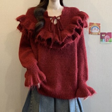 批发实拍大码新年圣诞红色<b class='q'>荷叶边</b>系带设计感<b class='q'>毛衣</b>胖妹妹遮肚针织上衣