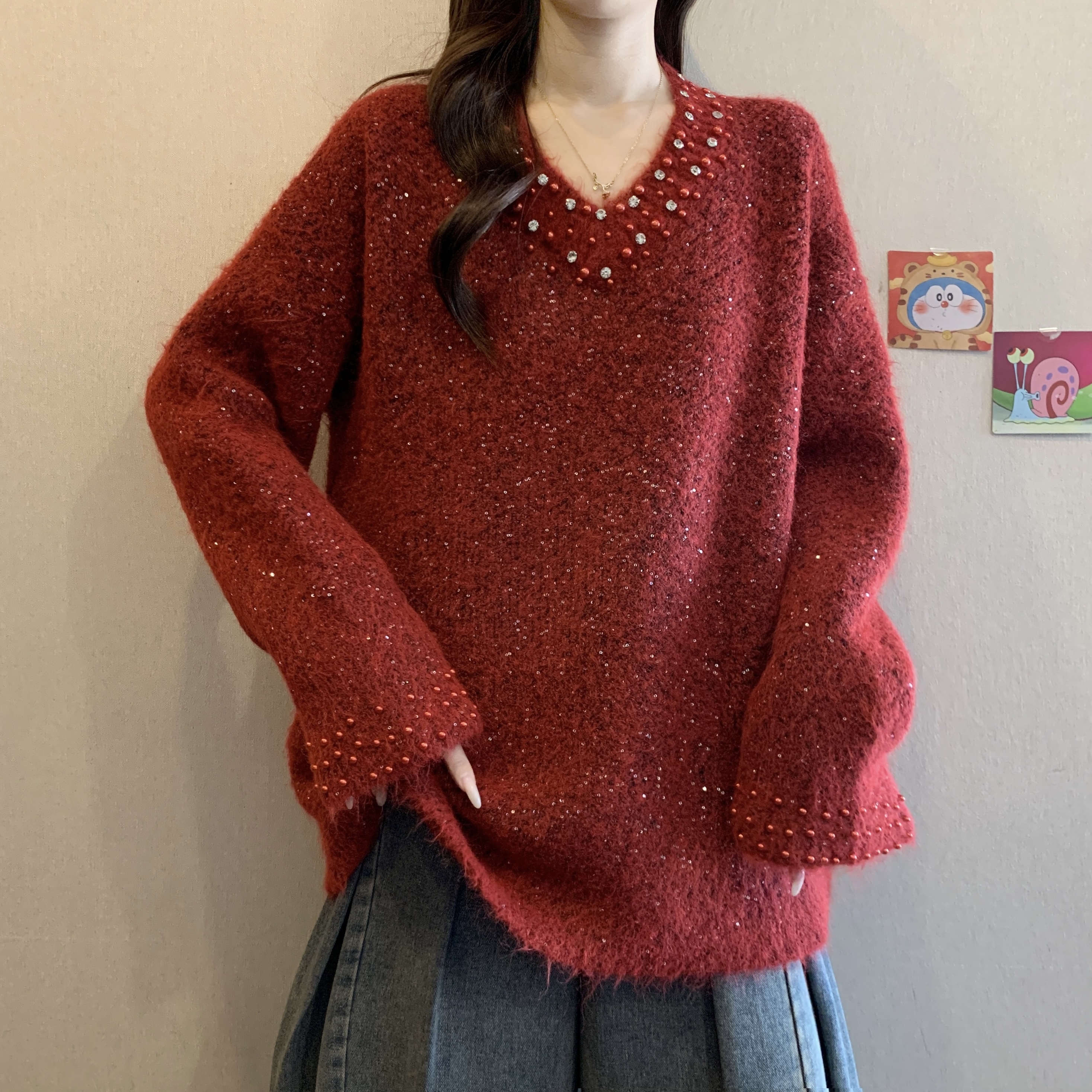 MY16131#大码女装红色韩版重工钉珠亮片毛衣胖妹妹遮肚慵懒针织上衣女裝...