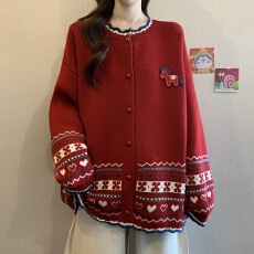 实拍大码新年圣诞费尔岛红色慵懒小马撞色毛衣胖妹妹遮肚针织上衣