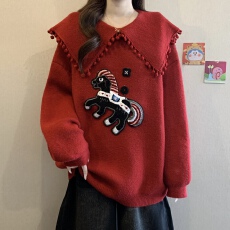 实拍大码女装新年圣诞翻领重工小马设计感毛衣胖妹妹遮肚针织上衣