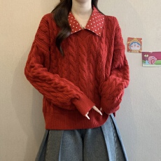 实拍大码女装红色韩版衬衫领波点麻花毛衣胖妹妹遮肚洋气针织上衣