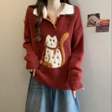 实拍大码女装红色氛围感卡通小猫撞色休闲毛衣胖妹妹遮肚针织上衣