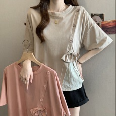 实拍大码女装韩版减龄蝴蝶结拼接休闲短袖胖妹妹洋气宽松遮肚T恤