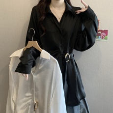 实拍大码女装韩版V领设计感褶子收腰衬衫胖妹妹遮肚显瘦短袖上衣