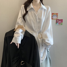 实拍大码女装韩版V领设计感褶子收腰衬衫胖妹妹遮肚显瘦短袖上衣