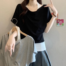 实拍大码女装韩版假两件挂脖露肩T恤胖妹妹遮肚洋气百搭短袖上衣
