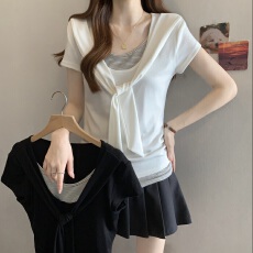 批发实拍大码女装韩版假两件条纹披肩休闲百搭T恤胖妹妹遮肚洋气短袖