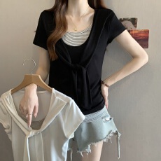 批发实拍大码女装韩版假两件条纹披肩休闲百搭T恤胖妹妹遮肚洋气短袖