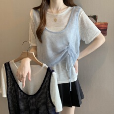 批发实拍大码女装新款韩版假两件抽绳针织上衣胖妹妹收腰遮肚<b class='q'>短袖</b><b class='q'>T</b><b class='q'>恤</b>