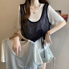 批发实拍大码女装新款韩版假两件抽绳针织上衣胖妹妹收腰遮肚<b class='q'>短袖</b><b class='q'>T</b><b class='q'>恤</b>