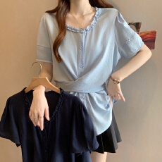 实拍大码女装韩版木耳边绑带别致衬衫胖妹妹收腰法式休闲短袖上衣