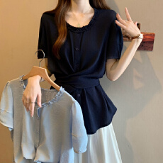 实拍大码女装韩版木耳边绑带别致衬衫胖妹妹收腰法式休闲短袖上衣