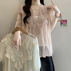 批发实拍大码法式蕾丝边V领设计感衬衫胖MM遮肚<b class='q'>雪纺</b><b class='q'>上衣</b>吊带<b class='q'>两件套</b>