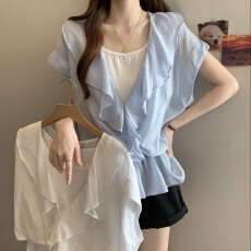 批发实拍大码女装<b class='q'>韩版</b>设计感假两件荷叶边拼接衬衫胖妹妹遮肚洋气上衣