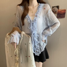 批发实拍大码女装<b class='q'>韩版</b>刺绣小马木耳边绑带蝴蝶结防晒衫胖妹妹遮肚衬衫