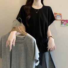 批发实拍大码女装韩版设计感圆领正肩<b class='q'>T</b><b class='q'>恤</b>胖妹妹收腰显瘦百搭短袖上衣