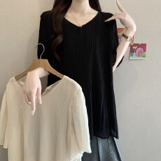 批发实拍大码女装<b class='q'>韩版</b>设计感褶子X领<b class='q'>雪纺</b>衬衫胖妹妹遮肚宽松短袖上衣