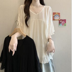批发实拍大码女装法式V领褶子别致雪纺上衣胖妹妹遮肚气质短袖衬衫