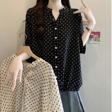 批发实拍大码女装韩版V领樱桃抽绳别致衬衫胖妹妹宽松遮肚短袖上衣