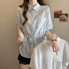 实拍大码女装韩版Polo领休闲系带衬衫胖妹妹遮肚设计感短袖上衣