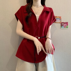 批发实拍大码女装韩版设计感假两件V领衬衫胖妹妹收腰显瘦短袖衬衫