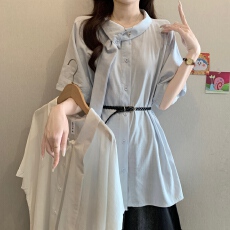 批发实拍大码女装韩版飘带正肩休闲百搭衬衫胖妹妹上衣遮肚短袖上衣