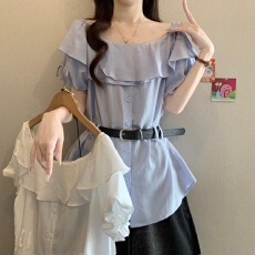 批发实拍大码女装法式荷叶边U领气质休闲衬衫胖妹妹上衣遮肚高级短袖