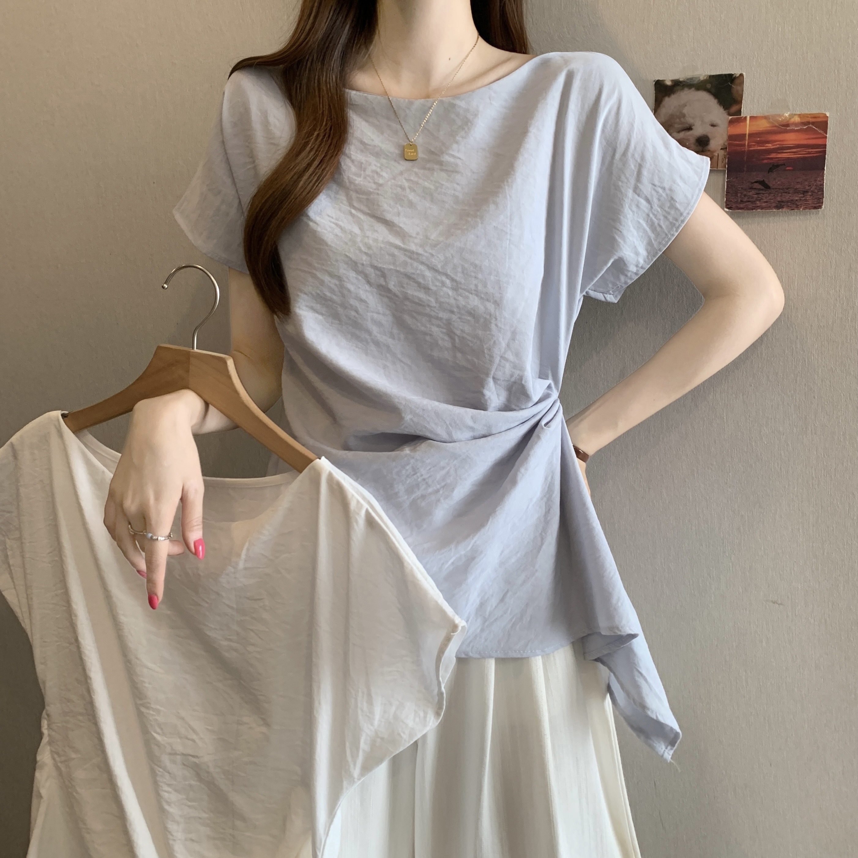 RY4718# 实拍大码女装韩版不规则下摆休闲百搭衬衫胖妹妹收腰遮肚短袖上衣