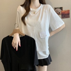 批发韩版假两件正肩设计感拼接休闲短袖T恤胖妹妹遮肚高级衬衫上衣