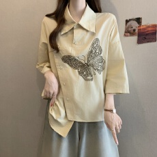 批发实拍<b class='q'>大码</b><b class='q'>女装</b><b class='q'>韩版</b>重工刺绣不规则衬衫胖妹妹宽松遮肚别致短袖上衣