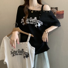 批发大码女装韩版露肩小心机印花字母T恤胖妹妹宽松休闲遮肚短袖上衣