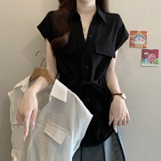韩版假两件V领系带正肩休闲撞色衬衫胖妹妹收腰显瘦百搭短袖上衣