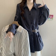 批发韩版V领正肩条纹设计感洋气休闲衬衫胖妹妹遮肚显瘦高级长袖上衣