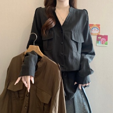 批发大码韩版慵懒V领系带正肩休闲衬衫胖妹妹收腰遮肚别致长袖上衣