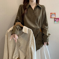 批发复古V领格子正肩显白高级百搭衬衫胖妹妹收腰显瘦遮肚长袖上衣