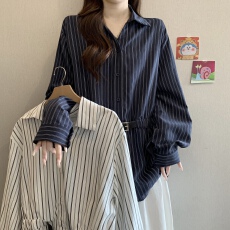 批发<b class='q'>秋</b>季新款韩版V领正肩条纹设计感收腰休闲衬衫胖妹妹遮肚长袖上衣