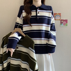 批发韩版正肩减龄Polo龄条纹撞色休闲毛衣胖妹妹遮肚洋气针织上衣