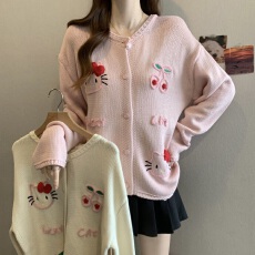 批发<b class='q'>韩版</b>甜美减龄重工刺绣卡通猫咪蝴蝶结毛衣胖MM遮肚洋气针织上衣
