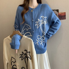 韩版重工刺绣火柴人亮片设计感休闲毛衣外套胖MM遮肚洋气针织上衣
