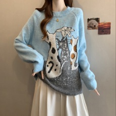 韩版慵懒卡通猫咪撞色套头休闲毛衣胖MM遮肚宽松设计感针织上衣