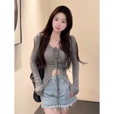 批发不规则纯欲风性感V领长袖T恤女绑带褶皱显瘦<b class='q'>打底衫</b>设计感百搭上衣