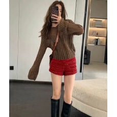 批发千金小香咖金粗毛呢高腰显瘦<b class='q'>短裤</b>秋冬新款百搭靴裤热裤