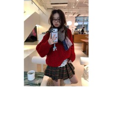 批发甜美蝴蝶结撞色格子<b class='q'>百褶</b>呢子半身裙女冬季高腰A字防走光<b class='q'>短裙</b>