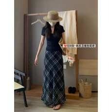批发26夏复古文艺蓝调轻薄纱质感格纹半身裙不规则格子气质长裙半身裙